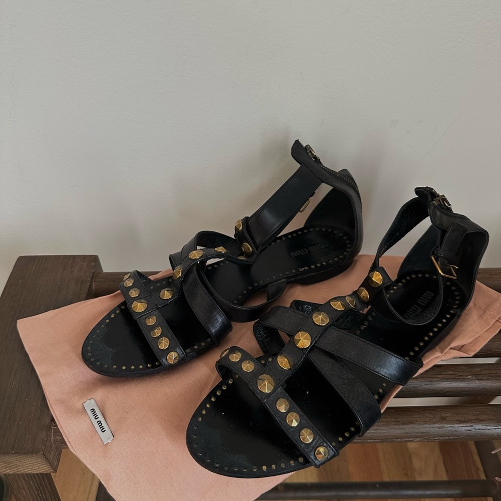 Miu Miu Black Sandals with Gold Studs
